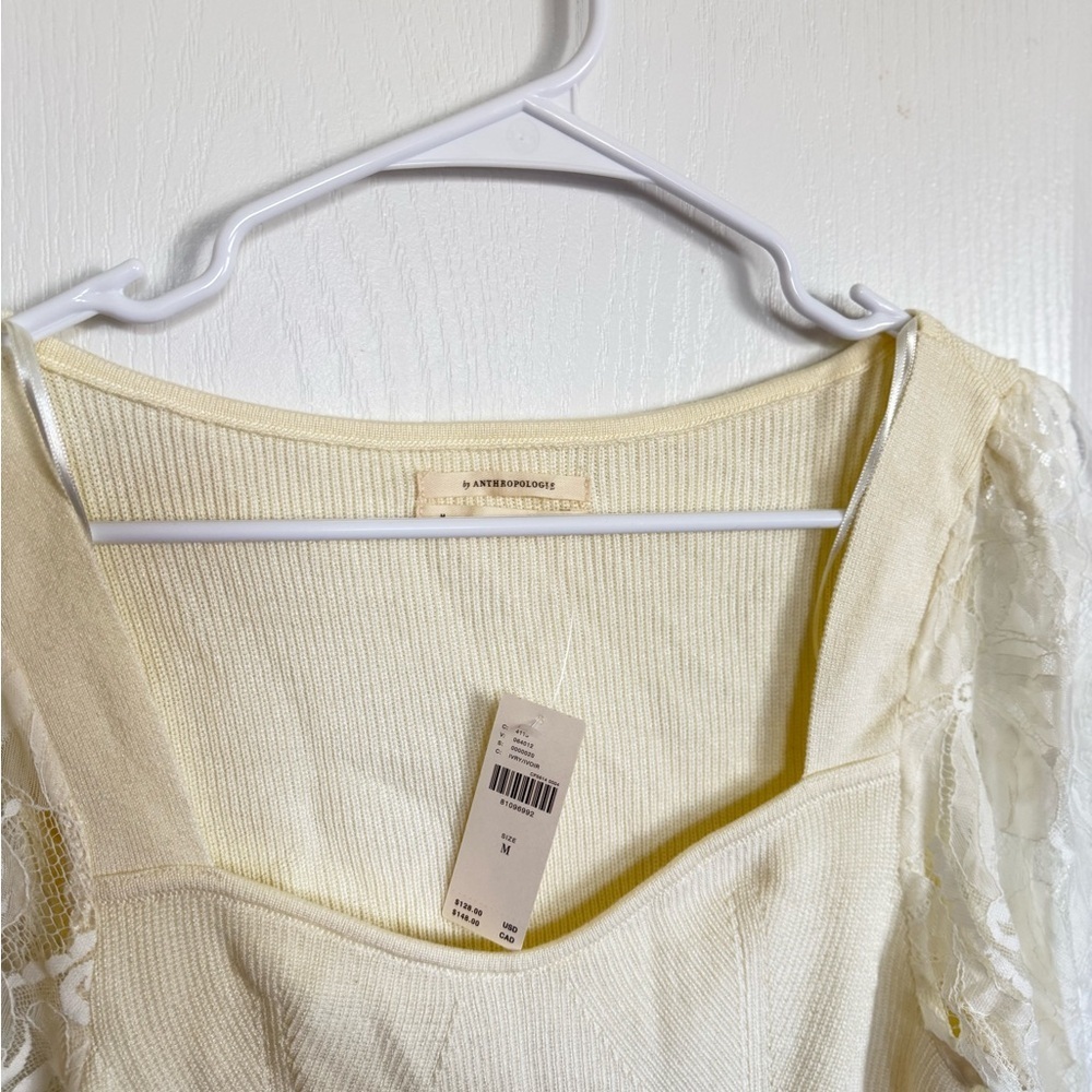 Anthropologie NEW Lace Sleeve Cream Sweater Top - Picture 5 of 7